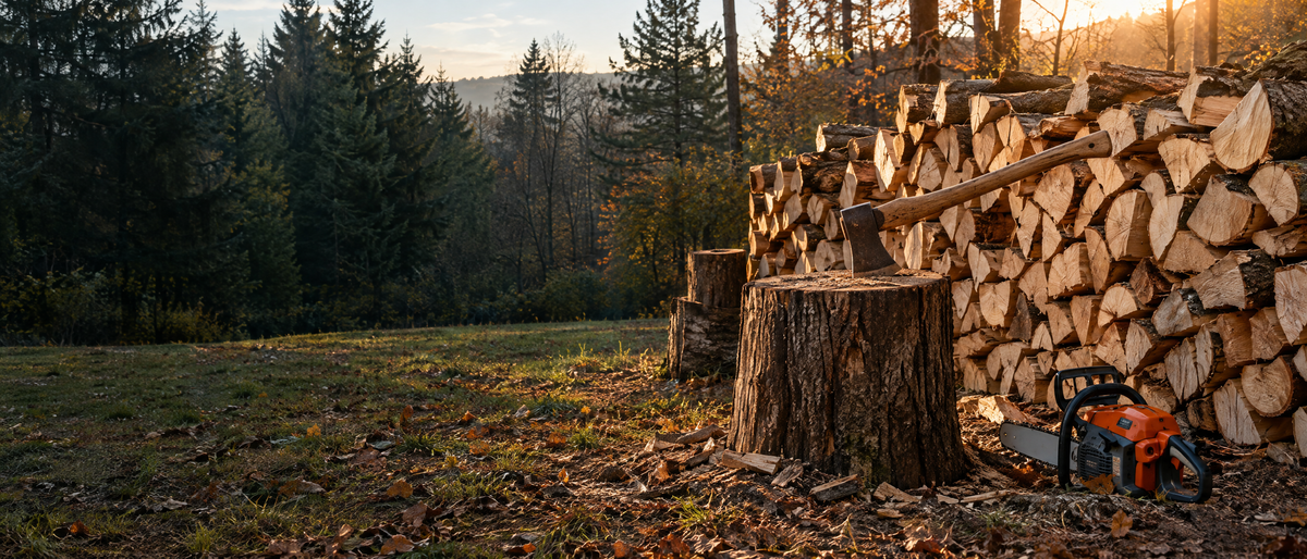 Axe in an oak chopping stump beside a chainsaw and a stack of split firewood at golden hour
