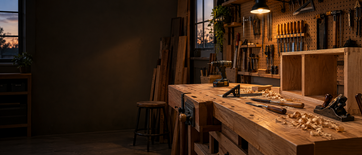 Woodworking workbench with chisels, plane, square and a half-finished oak cabinet frame under a work lamp
