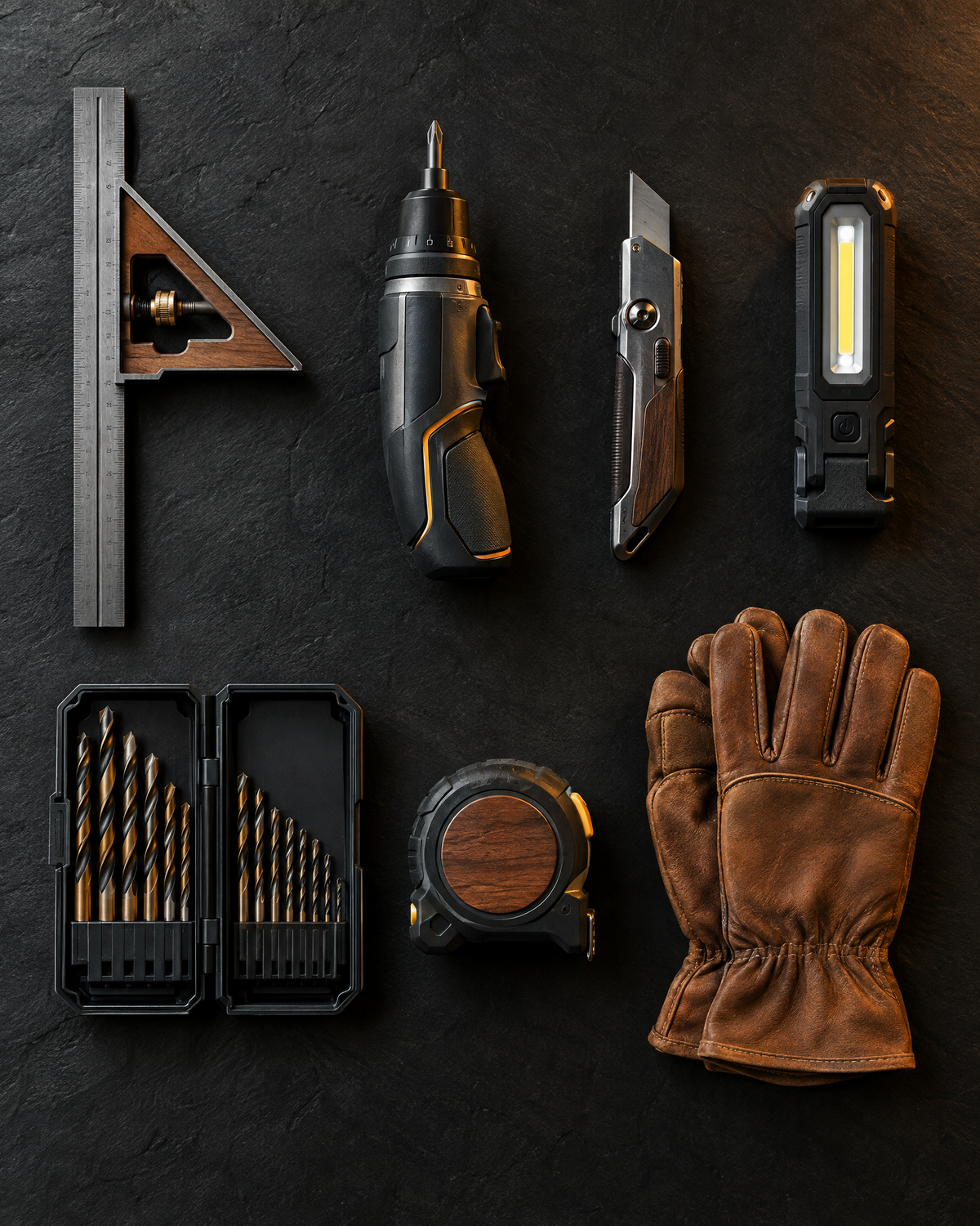 Square, cordless screwdriver, utility knife, work light, drill bits, tape measure and leather gloves on dark slate