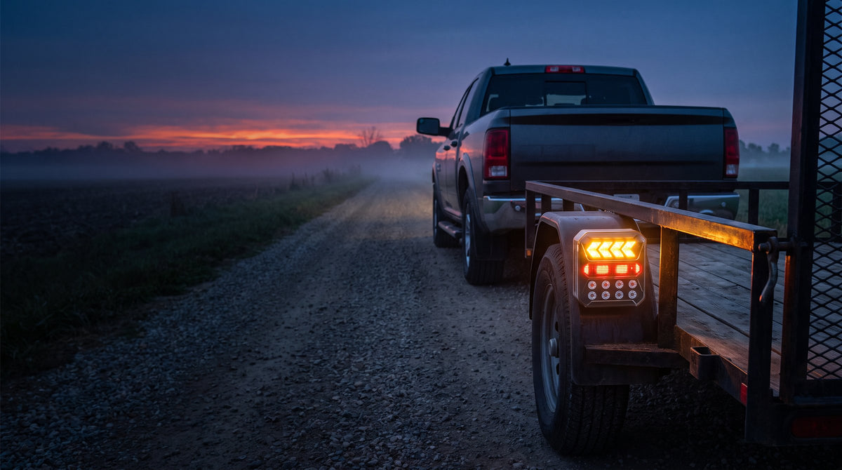 Wireless magnetic trailer light glowing on a utility trailer towed by a pickup at dusk