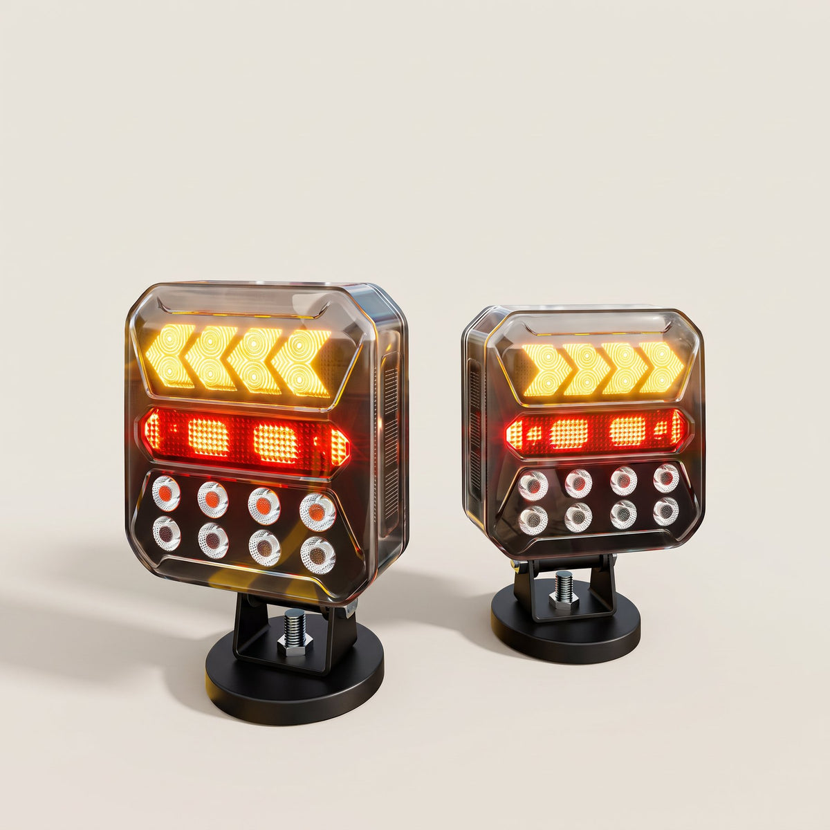 Pair of wireless magnetic trailer lights WT-63 with amber turn arrows and red brake light lit